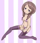  bad_id bad_pixiv_id bikini braid brown_hair gennama inazuma_eleven_(series) inazuma_eleven_go long_hair navel no_shoes purple_eyes purple_legwear solo string_bikini swimsuit thighhighs twin_braids yamana_akane 