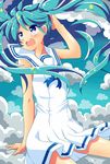  blue_eyes blue_hair cloud hatsune_miku long_hair open_mouth sailor_collar sailor_collar_lift skirt sky solo star urara_(sumairuclover) vocaloid white_skirt wind 