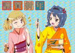  2girls 7001 ;t anger_vein angry black_hairband blonde_hair blue_hair braid chopsticks eating food furutani_himawari hair_intakes hair_ornament hairband japanese_clothes kimono multiple_girls new_year one_eye_closed oomuro_sakurako open_mouth sweatdrop translated twin_braids yuru_yuri 