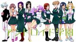  6+girls adam_cupertino android apple copyright_name food fruit fuji_tooru hana_no_android_gakuen hayakawa_mirai hoshino_una kashio_nao kayama_kifumi kinjou_eru momozono_shiina motoki_lola multiple_girls official_art one_eye_closed pantyhose school_uniform shinagawa_sonia skirt smile 