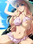  beach bikini bikini_lift bikini_skirt blonde_hair blue_eyes breast_slip breasts cleavage cloud day frilled_bikini frills hairu hand_on_headwear hand_on_own_chest hat jewelry large_breasts long_hair macross macross_frontier navel necklace nipples one_breast_out outdoors sand sheryl_nome shiny shiny_skin sky solo sun_hat sweatdrop swimsuit 