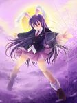  animal_ears blazer bunny_ears crescent fourth_wall full_moon jacket long_hair maxwindy moon necktie pleated_skirt pointing purple_hair red_eyes reisen_udongein_inaba skirt solo touhou 