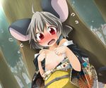  ahoge aki_(akikaze_asparagus) alternate_costume animal_ears bare_shoulders blush breasts commentary_request covering covering_breasts forest grey_hair japanese_clothes kimono mouse_ears mouse_tail nature nazrin nipple_slip nipples obi off_shoulder open_clothes open_kimono open_mouth red_eyes sash short_hair small_breasts solo tail touhou tree upper_body wavy_mouth 