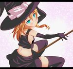  blonde_hair blue_eyes blush breasts broom elbow_gloves furagu gloves hat highres kirisame_marisa midriff purple_legwear riding sideboob skirt small_breasts solo thighhighs touhou witch_hat zettai_ryouiki 