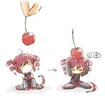  ... 1girl ahoge anger_vein arrow_(symbol) black_shirt black_skirt boots cherry collared_shirt detached_sleeves drill_hair food food_on_head fruit hato_no_mune_wo_momitai kasane_teto mini_person minigirl object_on_head red_hair sequential shirt short_hair sitting skirt sleeveless sleeveless_shirt solid_eyes spoken_anger_vein spoken_ellipsis thigh_boots twin_drills utau white_background 