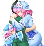  2girls artist_self-insert bad_id bad_pixiv_id banned_artist black_hair child closed_eyes family girl_sandwich group_hug hat hetero hug ko-yuyuko mother_and_daughter multiple_girls open_mouth pink_hair red_eyes saigyouji_yuyuko sandwiched shin'en-san shin'en_(gyokuro_company) short_hair simple_background smile touhou triangular_headpiece white_background 