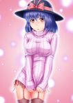  blue_hair bottomless embarrassed garter_belt hat nagae_iku naked_sweater nazal no_pants red_eyes ribbed_sweater short_hair solo sweater thighhighs touhou 