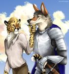  armor blackteagan canine cheetah chin coyote cute duo feline gay knight male mammal medieval page romantic squire stare 