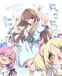  3girls ;q \m/ ahoge anyoji_hime aqua_neckerchief arms_up black_ribbon blonde_hair blue_dress blue_eyes blue_hair blunt_bangs blush brown_footwear brown_hair chestnut_mouth closed_mouth commentary_request dress drooling flower foot_out_of_frame fujishima_megumi gradient_hair hair_flower hair_ornament hair_ribbon hamayumiba_sou hasu_no_sora_school_uniform heart highres hood hooded_jacket jacket jitome leg_up light_blue_hair link!_like!_love_live! loafers long_hair looking_at_viewer love_live! love_live!_school_idol_project medium_dress mira-cra_park! multi-tied_hair multicolored_hair multiple_girls neckerchief nico_nico_nii one_eye_closed open_mouth osawa_rurino parted_bangs pink_flower pink_hair pleated_dress ponytail puffy_short_sleeves puffy_sleeves purple_eyes ribbon sailor_collar sailor_dress saliva school_uniform shoes short_sleeves sidelocks smile split_mouth summer_uniform swept_bangs tongue tongue_out translation_request twintails two_side_up v-shaped_eyebrows virtual_youtuber white_jacket white_sailor_collar 