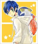  bird blue_hair fish green_eyes hood hood_basket hood_down male_focus mawaru_penguindrum penguin penguin_2-gou takakura_shouma yuzuru86 