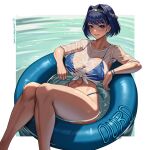  1girl abs absurdres alternate_costume bikini bikini_under_clothes blue_bikini blue_eyes blue_hair blue_innertube blue_wristband blush breasts chain chain_headband collarbone colored_inner_hair commentary crop_top day english_commentary fanged_bangs feet_out_of_frame hair_intakes headband highleg highleg_bikini highres hololive hololive_english huge_breasts knees_together_feet_apart looking_at_viewer multicolored_hair navel on_innertube ouro_kronii parted_lips partially_submerged see-through see-through_shirt seventeencrows shirt short_hair sitting solo stomach string_bikini swimsuit t-shirt tied_shirt v-shaped_eyebrows virtual_youtuber water wet wet_clothes wet_shirt white_shirt 