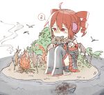  1girl ahoge bird black_footwear black_shirt black_skirt blush boots campfire detached_sleeves drill_hair eating giant giantess hato_no_mune_wo_momitai headphones island kasane_teto musical_note outdoors red_eyes red_hair shark shirt sitting skewer skirt sleeveless sleeveless_shirt solo spoken_musical_note thigh_boots tree twin_drills utau water 