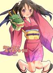  2012 black_hair dragon hand_puppet japanese_clothes kimono long_hair new_year okobo open_mouth original pu-en puppet red_eyes smile solo twintails 