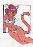 amber_eyes bikini bracelet breasts clothed clothing feline female fur hair jewelry kissaotus lying mammal midriff navel on_side panties plain_background purple_hair red red_fur sabertooth skimpy small_breasts smilodon solo swimsuit tail_ring tight_clothing underwear watermark white_background 