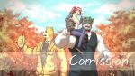  anthro autumn canid canine clothed clothing detailed_background female group human leaf leash male mammal muscular muscular_male open_mouth outside pecs size_difference smaller_female smile tobito tree 