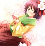  ayase_midori blush cup drunk flower hair_flower hair_ornament hieda_no_akyuu japanese_clothes kimono purple_eyes purple_hair sakazuki short_hair sitting smile solo touhou 