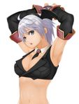  1girl armpits arms_behind_head arms_up bad_id bad_pixiv_id between_breasts breasts cleavage elbow_gloves fantasy_earth fantasy_earth_zero gloves medium_breasts midriff navel necktie simple_background solo sorcerer_(fantasy_earth_zero) sorcerer_(vivian_outfit)_(fantasy_earth_zero) toshi_makoto white_hair 