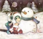  blush full_moon green_eyes green_hair long_hair moon original pappii paprika_shikiso santa_costume snow snowman solo 