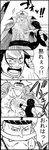  1girl cape comic doujinshi edward_newgate facial_hair fighting fingerless_gloves genderswap genderswap_(mtf) gloves greyscale highres long_hair long_image manly monochrome muscle mustache one_piece sir_crocodile tall_image teichan translated weapon younger 