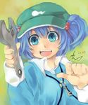  bad_id bad_pixiv_id blue_eyes blue_hair blue_nails dated ezroseven fingernails hair_bobbles hair_ornament highres holding kawashiro_nitori key nail_polish signature solo star touhou two_side_up upper_body wrench 