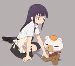  apron black_legwear daisy_(working!!) food fruit long_hair nse orange purple_eyes purple_hair sitting smile stuffed_animal stuffed_toy teddy_bear thighhighs working!! yamada_aoi yokozuwari 