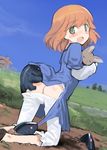  amelie_planchard ass blue_dress blush bunny dress green_eyes kneeling long_sleeves lowres neuroi open_mouth orange_hair pantyhose pantyhose_pull puffy_short_sleeves puffy_sleeves shimada_fumikane short_over_long_sleeves short_sleeves strike_witches torn_clothes torn_dress white_legwear world_witches_series 