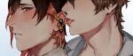  2boys blush brown_hair collared_shirt commentary couple cropped_head ear_piercing earrings eiden_(nu_carnival) haitora hashtag-only_commentary highres jewelry licking licking_ear looking_ahead male_focus multicolored_hair multiple_boys nu_carnival parted_lips piercing portrait profile red_eyes shirt short_hair simple_background snake_earrings tongue two-tone_hair white_background white_shirt yakumo_(nu_carnival) yaoi 
