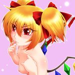  alternate_hairstyle blonde_hair bow breasts collarbone finger_to_mouth flandre_scarlet hair_bow hayashi_custom nipples nude short_hair short_twintails simple_background small_breasts solo touhou twintails upper_body wings 