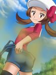  awa blush brown_eyes brown_hair fart hat hat_ribbon kotone_(pokemon) pokemon pokemon_(game) pokemon_hgss red_ribbon ribbon shorts smile solo thighhighs twintails 