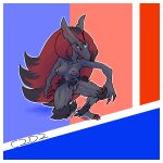 1:1 anthro border breasts c2d2 claws colored digital_media_(artwork) female gem generation_5_pokemon genitals grey_body hair highlights_(coloring) multicolored_body muscular muscular_anthro muscular_female nintendo pokemon pokemon_(species) pussy red_hair shaded simple_background solo toe_claws white_border zoroark