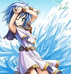  armpits arms_up belt blue_eyes blue_hair flat_chest i-rabi ice one_eye_closed original short_hair sleeveless solo tunic 