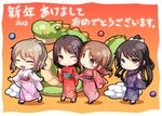  4girls :&lt; :o black_hair blush_stickers brown_eyes brown_hair chibi chobipero closed_eyes cloud dragon eastern_dragon floral_print hair_ornament hairclip highres holding_hands japanese_clothes jewelry kimono long_hair looking_at_viewer multiple_girls new_year obi one_eye_closed open_mouth original ponytail red_eyes ring sandals sash short_hair smile 
