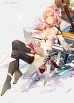  bare_shoulders black_legwear breasts cello cleavage detached_sleeves dress english evers guilty_crown hair_ornament hair_tubes hairclip instrument long_hair looking_at_viewer medium_breasts no_shoes piano pink_eyes pink_hair solo thighhighs white_dress yuzuriha_inori 