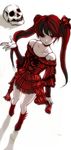  bare_shoulders boots choker flat_chest from_above gothic gothic_lolita hair_over_one_eye hair_ribbon lolita_fashion long_hair long_sleeves original pale_skin red red_eyes red_hair red_skirt ribbon ringed_eyes shadow sheep_(yangdor) skirt skull spaghetti_strap twintails 