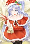  bag black_legwear blue_eyes blue_hair capelet garter_straps hair_bobbles hair_ornament hat long_hair off_shoulder one_eye_closed open_mouth red_capelet santa_costume santa_hat shinki side_ponytail smile solo thighhighs touhou y2 