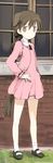  animal_ears bare_legs brown_eyes brown_hair dress gertrud_barkhorn hair_ribbon juliet_sleeves long_sleeves mary_janes pink_dress puffy_sleeves ribbon shimada_fumikane shoes short_dress solo strike_witches tail window world_witches_series younger 