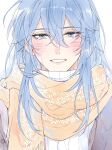  1boy bishounen blue_eyes blue_hair blush brown_coat chinese_commentary coat commentary edmond_(nu_carnival) hair_behind_ear hair_between_eyes hair_intakes highres long_hair looking_at_viewer male_focus nu_carnival patterned_clothing scarf shirt simple_background smile solo straight-on teeth turtleneck upper_body white_background white_shirt yellow_scarf your_yanjiu 