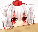  animal_ears bad_reflection covered_mouth error face hands hat inubashiri_momiji peeking peeking_out pom_pom_(clothes) red_eyes reflection sawatari_(sado) short_hair silver_hair simple_background solo table tassel tokin_hat touhou white_background wolf_ears 