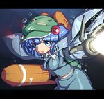  between_breasts blue_eyes blue_hair blush_stickers breasts bubble covered_nipples energy_beam gundam gundam_0080 hair_bobbles hair_ornament hat hygogg kawashiro_nitori key letterboxed mecha_musume medium_breasts navel open_mouth ruku_rx solo touhou two_side_up underwater 