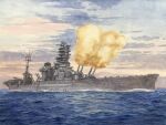  acrylic_paint_(medium) atoriebono battleship cannon firing highres hyuuga_(battleship) imperial_japanese_navy mast military_vehicle muzzle no_humans ocean original painting_(medium) ship sky traditional_media vehicle_focus warship watercraft world_war_ii 