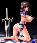  aqua_eyes armor ass back barefoot blue_eyes breasts broken_armor brown_hair defeated gao_(naodayo) glove gloves hairband huge_breasts large_breasts looking_back open_mouth panties shoulder_guard sword torn_clothes underwear warrior weapon white_panties worried you_gonna_get_raped 