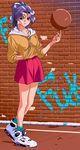  artist_request basketball english graffiti highres long_hair looking_at_viewer mahjong_sports_line official_art pixel_art ponytail profanity purple_eyes purple_hair shoes skirt sleeves_pushed_up sneakers socks solo standing sweatshirt 