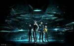  2boys 2girls 3d aqua_theme asian autodesk_3ds_max_(medium) bare_arms bare_shoulders black_footwear black_hair black_pants black_tank_top blonde_hair boots breasts building capital_ship_(eve_online) carrier carrier_(eve_online) combat_ship_(eve_online) company_logo company_name copyright_name dark dark_background dated electronic_warfare_ship_(eve_online) eve_online fleet flying frigate_(eve_online) full_body glowing grey_jacket hair_over_one_eye hauler_(eve_online) hauling_ship_(eve_online) heavy_fighter_(eve_online) high_heels highres iteron_(eve_online) jacket knee_boots lips logo long_bangs looking_at_viewer maya_(medium) medium_breasts medium_hair military_vehicle multicolored_hair multiple_boys multiple_girls night night_sky nose nyx_(eve_online) official_art pants realistic reflective_floor scenery science_fiction short_hair short_sleeves sky sleeveless spacecraft standing star_(sky) starfighter starry_sky super_capital_ship_(eve_online) supercarrier_(eve_online) support_ship_(eve_online) tank_top thrusters two-tone_hair undoz very_short_hair yellow_jacket zbrush_(medium) 