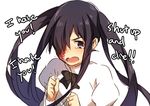  alternate_hairstyle angry black_hair bow bowtie burn_scar clenched_hands english hair_over_one_eye ikezawa_hanako juliet_sleeves katawa_shoujo long_hair long_sleeves looking_at_viewer puffy_sleeves purple_eyes scar school_uniform shirt simple_background solo tears text_focus twintails weee_(raemz) white_background white_shirt 
