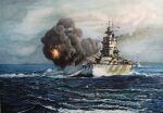  absurdres battleship cannon chinese_commentary cloud cloudy_sky commentary_request english_commentary firing highres hms_nelson making-of_available military_vehicle mixed-language_commentary muzzle no_humans ocean oil_painting_(medium) original painting_(medium) royal_navy ship sky smoke traditional_media turret vortex_(xu_xuanwo) warship watercraft waves world_war_ii 