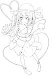  blush dabadhi eyeball from_above greyscale hat heart heart_of_string highres komeiji_koishi lineart looking_at_viewer monochrome pigeon-toed pointing pointing_up short_hair simple_background smile solo thighhighs third_eye touhou 