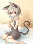  :t animal_ears bare_legs bare_shoulders blush highres mouse_ears mouse_tail naked_towel nazrin pout red_eyes short_hair silver_hair simple_background sitting solo tail touhou towel towel_around_neck wariza wet wet_hair yuya_(night_lily) 