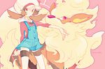  arcanine artist_request bow brown_hair cabbie_hat gen_1_pokemon hat hat_bow hat_ribbon holding holding_poke_ball kotone_(pokemon) looking_at_viewer lowres poke_ball pokemon pokemon_(creature) pokemon_(game) pokemon_hgss pokemon_trainer red_eyes red_ribbon ribbon thighhighs twintails 