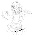  braid cup dabadhi garter_straps greyscale izayoi_sakuya lineart maid maid_headdress monochrome open_mouth short_hair simple_background smile solo tea teacup teapot thighhighs touhou tray twin_braids 