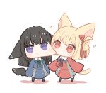  2girls animal_ears biting black_hair black_socks blonde_hair blue_dress blue_ribbon blush bob_cut brown_footwear buttons cat_ears cat_tail cheek_biting chibi chibi_only collared_shirt commentary_request dress ear_down full_body green_ribbon grey_dress hair_ribbon hanaya_102 highres inoue_takina kemonomimi_mode kneehighs long_hair looking_ahead lycoris_recoil lycoris_uniform motion_lines multicolored_clothes multicolored_dress multiple_girls neck_ribbon nishikigi_chisato purple_eyes red_dress red_eyes ribbon shadow shirt short_hair simple_background socks standing tail white_background white_shirt 